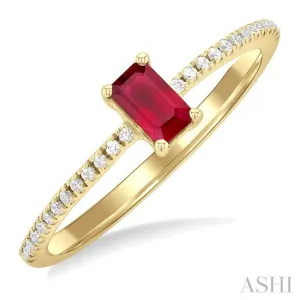 1/10 ctw Petite 5x3 MM Emerald Shape Ruby and Round Cut Diamond Precious Fashion Ring in 10K Yellow Gold