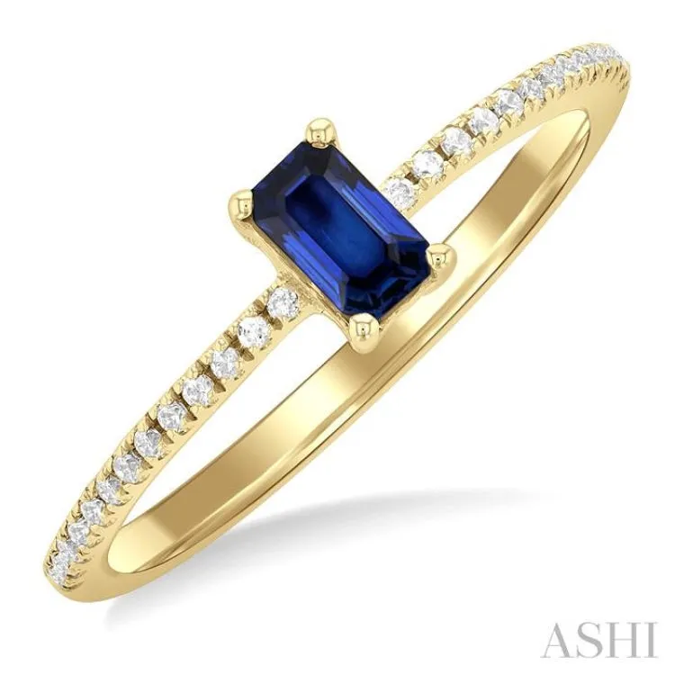 1/10 ctw Petite 5x3 MM Emerald Shape Sapphire and Round Cut Diamond Precious Fashion Ring in 10K Yellow Gold