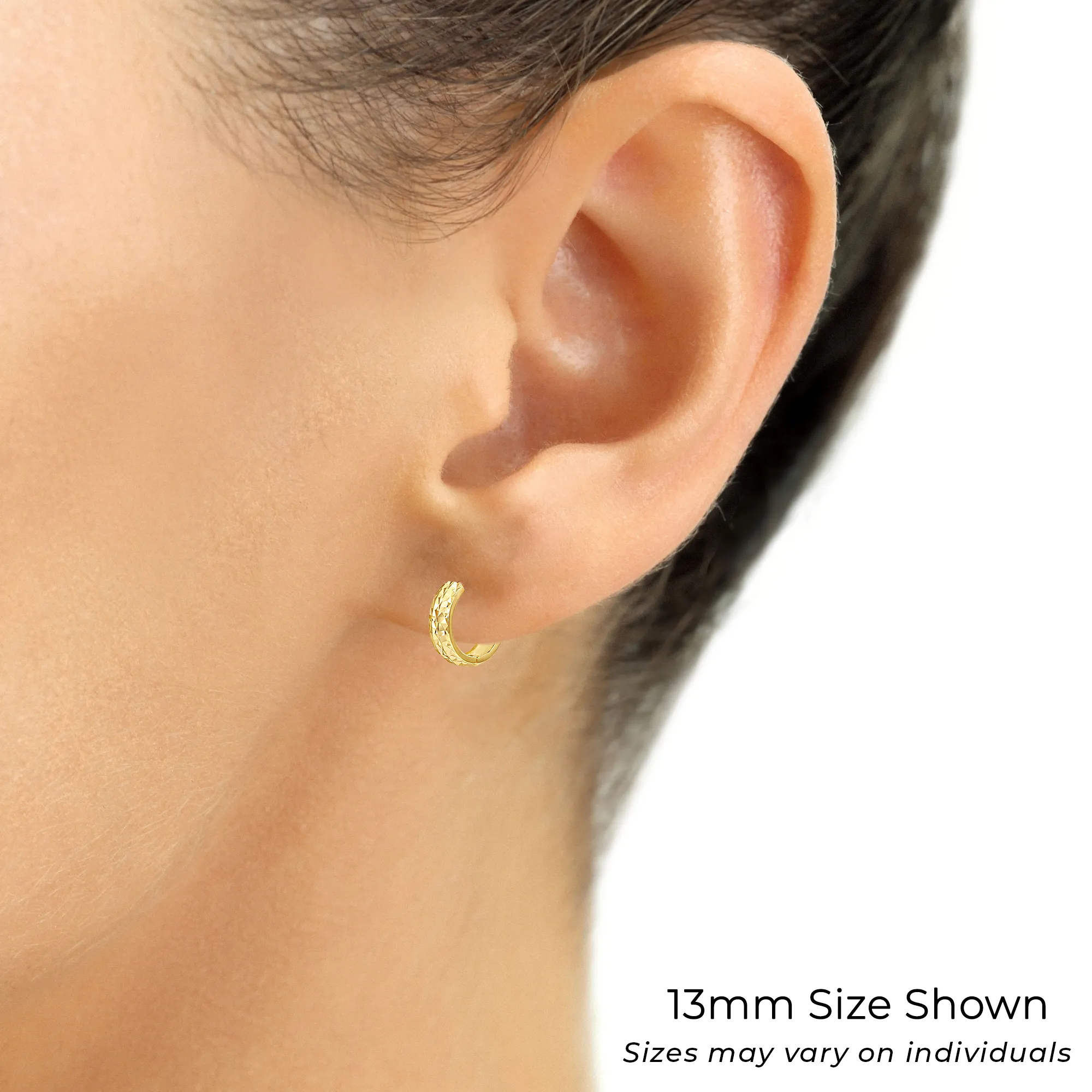 14K Gold Hand Engraved Huggies, Dainty 13mm Gold Earrings