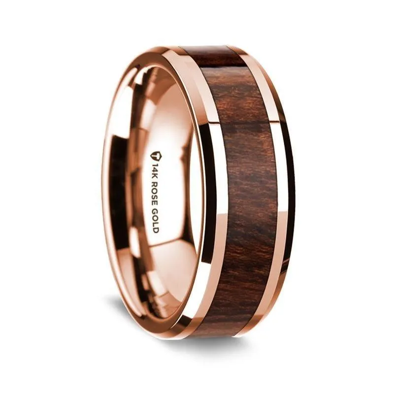 14K Rose Gold Polished Beveled Edges Wedding Ring with Carpathian Inlay - 8 mm