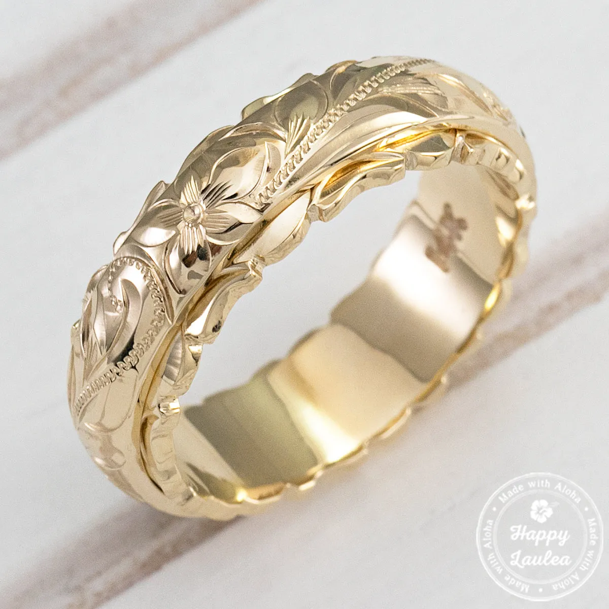 14K Solid Gold [4x6mm] Two Tone Ring with Hawaiian Hand Engraved Heritage Design