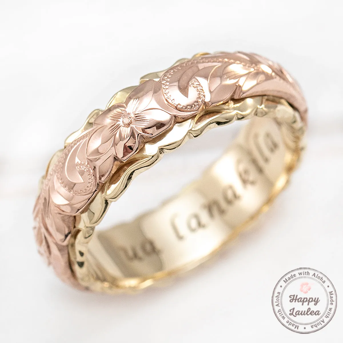 14K Solid Gold [4x6mm] Two Tone Ring with Hawaiian Hand Engraved Heritage Design