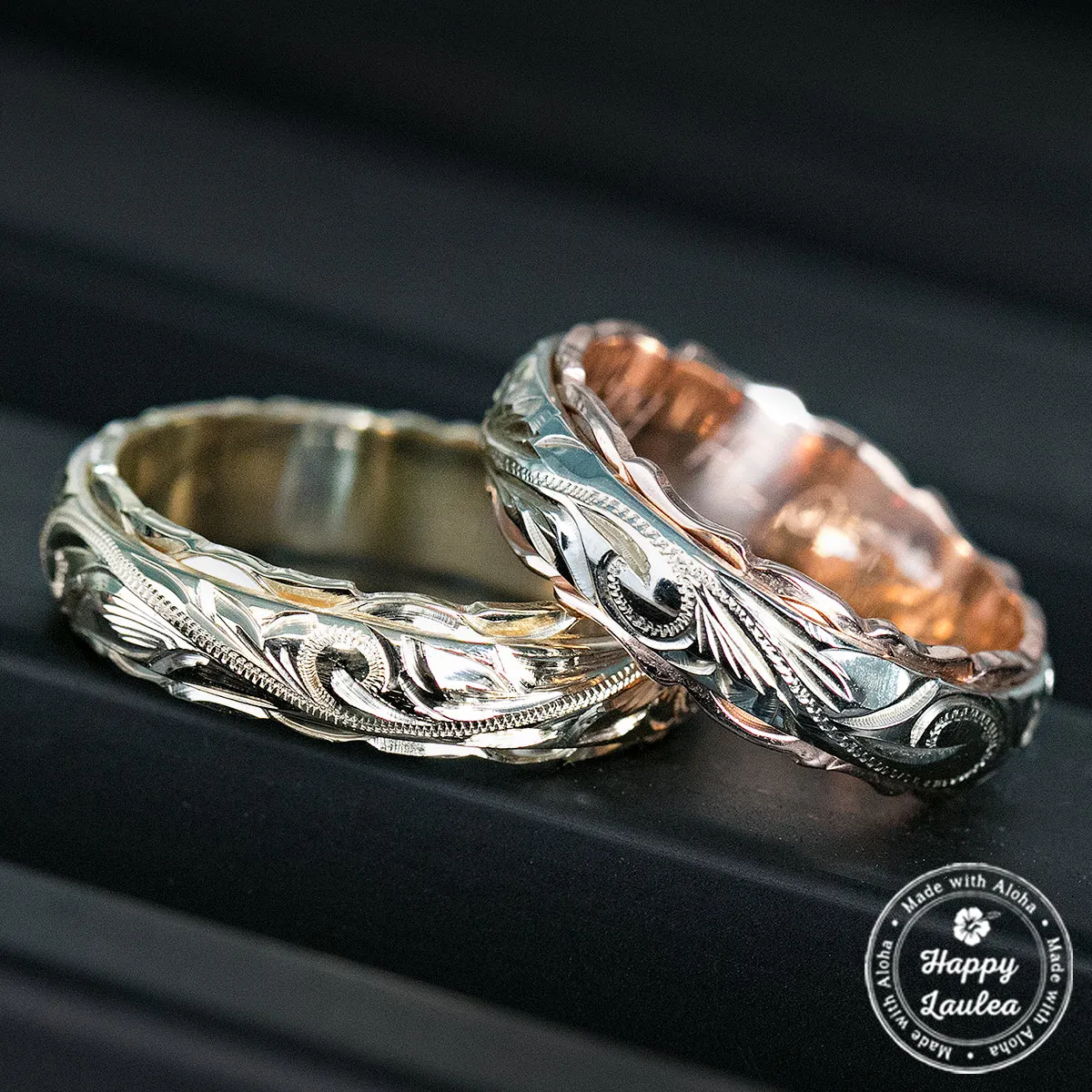 14K Solid Gold [4x6mm] Two Tone Ring with Hawaiian Hand Engraved Heritage Design