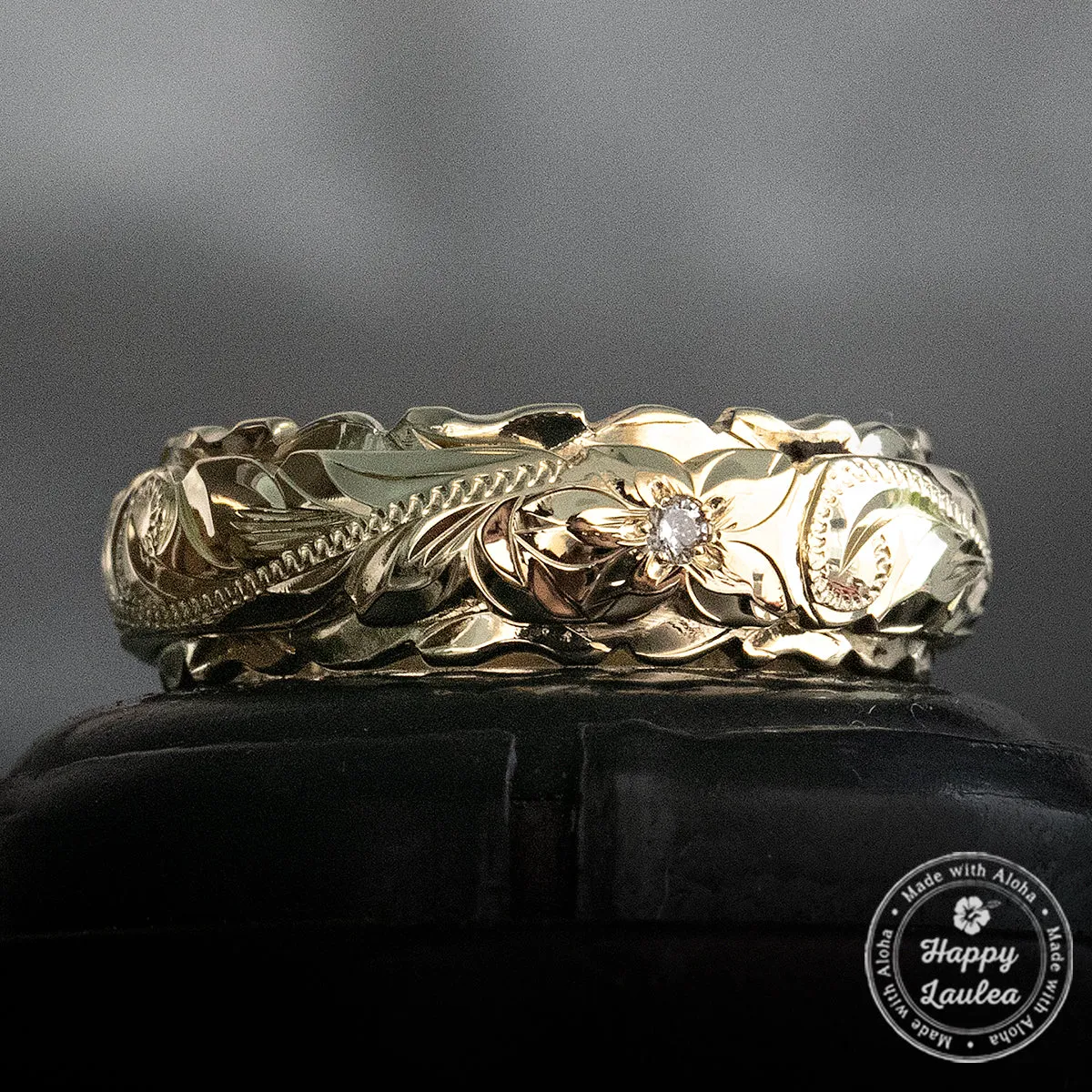 14K Solid Gold [4x6mm] Two Tone Ring with Hawaiian Hand Engraved Heritage Design