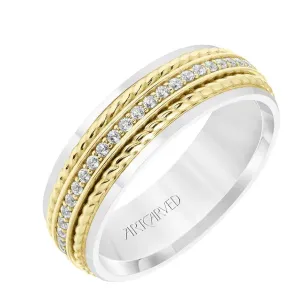 14k Two Toned White & Yellow Gold Wedding Band Dual Rope Diamond Inlay Polished Finish Flat Edges - 7 mm