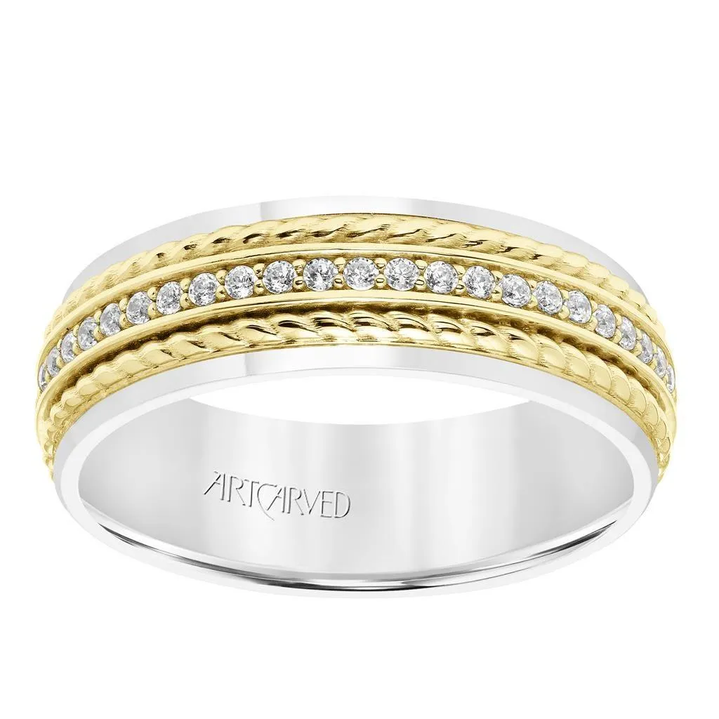 14k Two Toned White & Yellow Gold Wedding Band Dual Rope Diamond Inlay Polished Finish Flat Edges - 7 mm