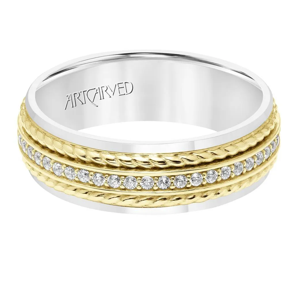 14k Two Toned White & Yellow Gold Wedding Band Dual Rope Diamond Inlay Polished Finish Flat Edges - 7 mm