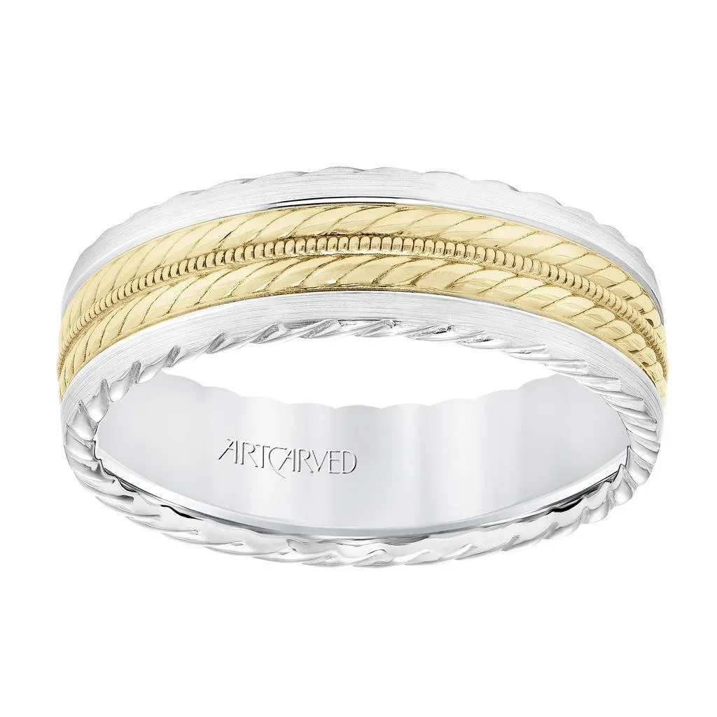 14k Two Toned White Gold with Yellow Gold Center Wedding Band Domed Rope and Milgrain Inlay Design Rope Edges- 7 mm