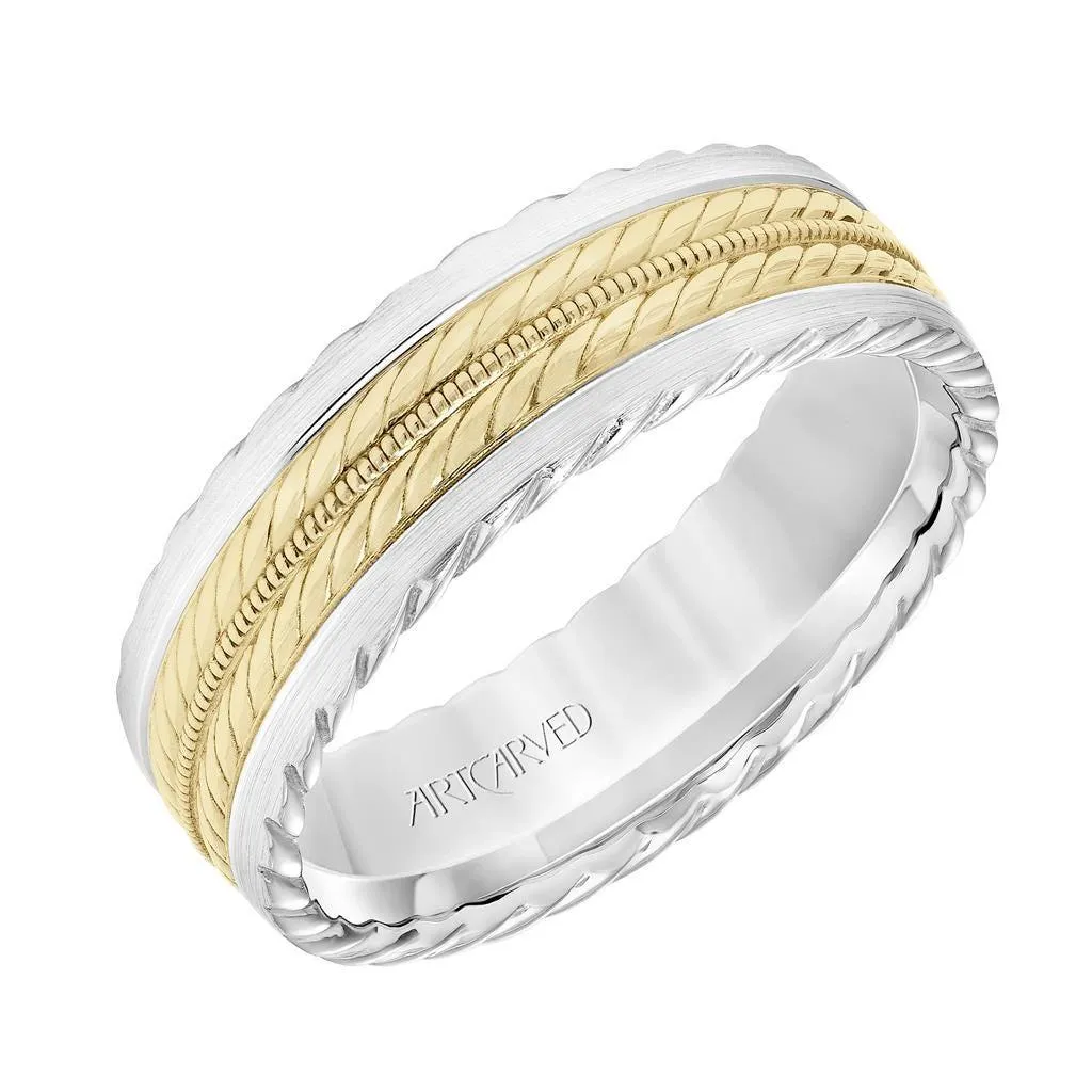 14k Two Toned White Gold with Yellow Gold Center Wedding Band Domed Rope and Milgrain Inlay Design Rope Edges- 7 mm