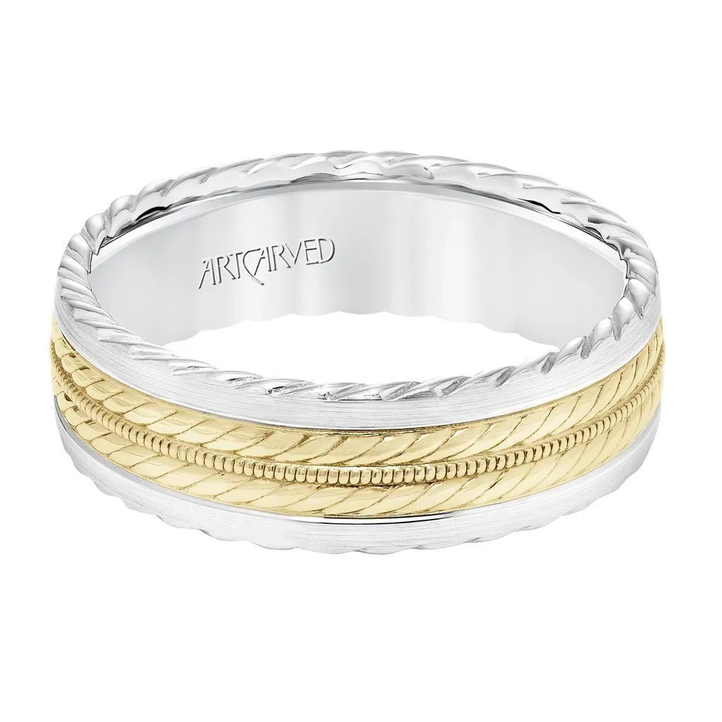 14k Two Toned White Gold with Yellow Gold Center Wedding Band Domed Rope and Milgrain Inlay Design Rope Edges- 7 mm