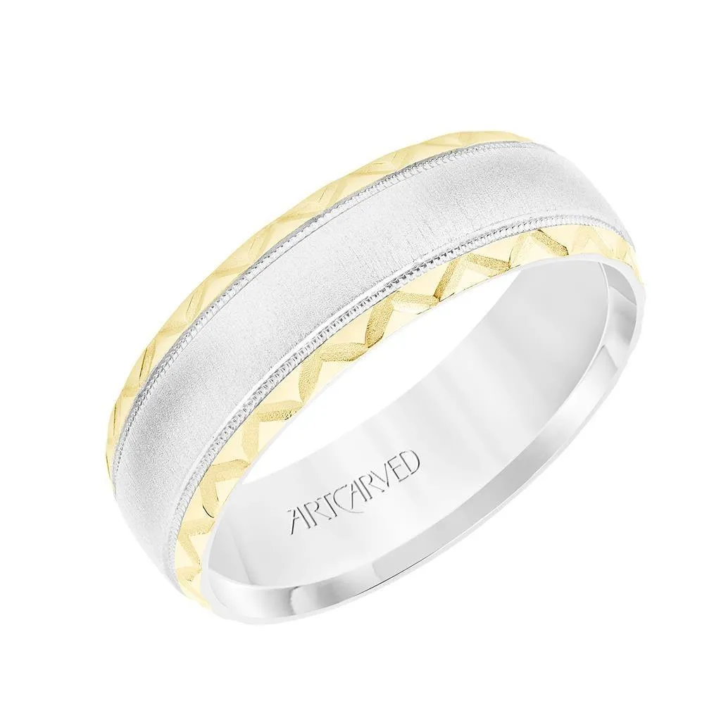 14k White & Yellow Gold Wedding Band Domed Soft Sand Center with Milgrain Leaf Design Edges - 7 mm