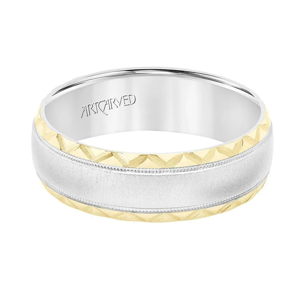 14k White & Yellow Gold Wedding Band Domed Soft Sand Center with Milgrain Leaf Design Edges - 7 mm