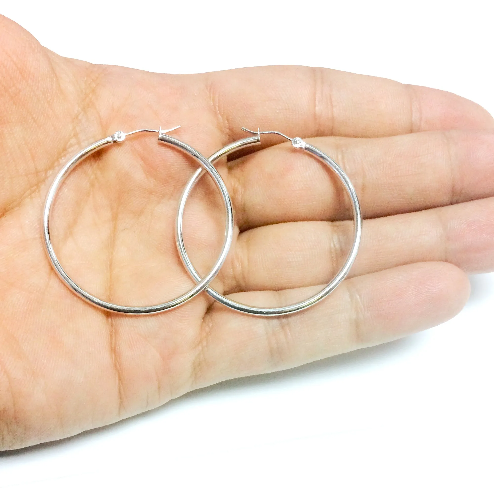 14K White Gold 2MM Shiny Round Tube Hoop Earrings