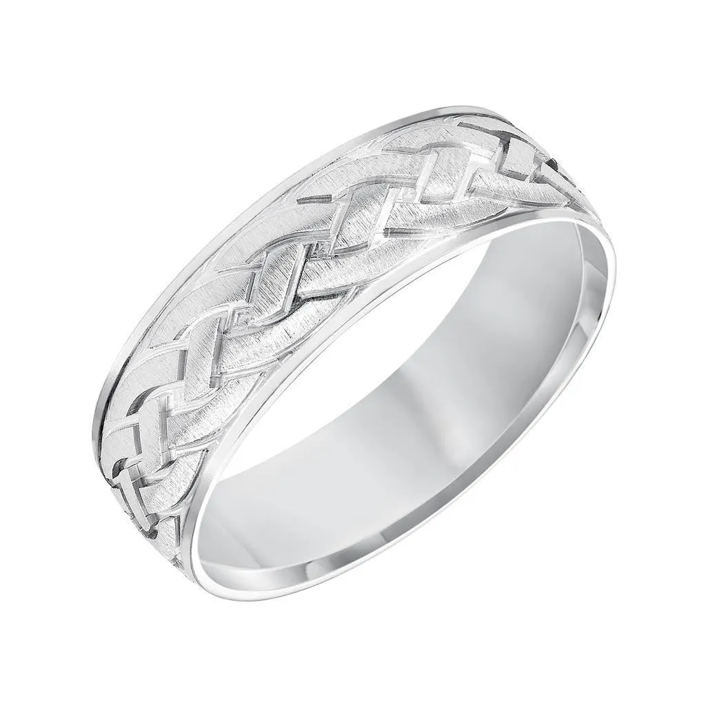 14k White Gold Satin Brush Finished Men’s Wedding Band with Engraved Celtic Knot Motif - 7mm