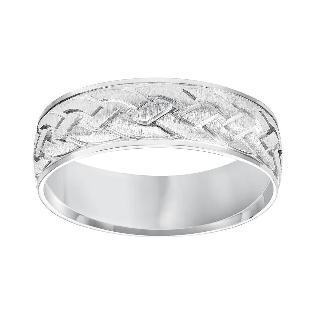 14k White Gold Satin Brush Finished Men’s Wedding Band with Engraved Celtic Knot Motif - 7mm