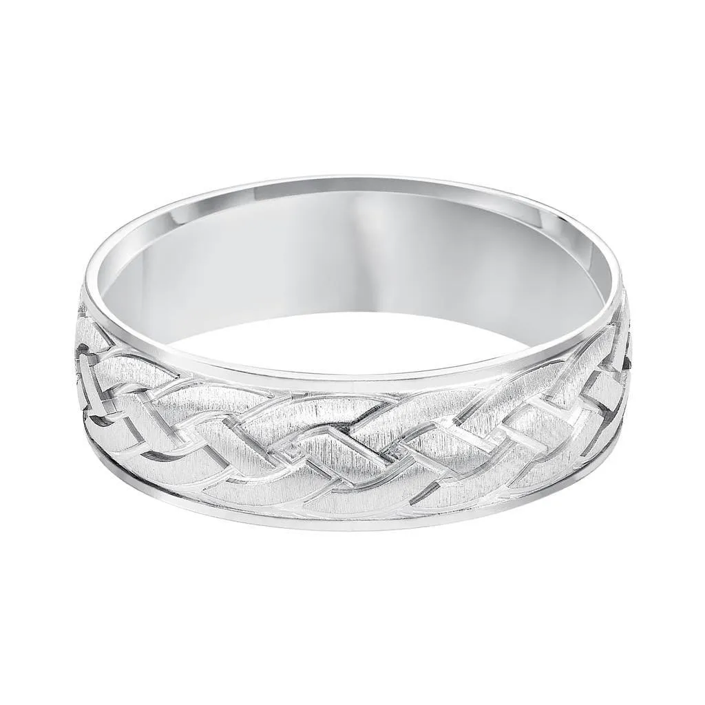 14k White Gold Satin Brush Finished Men’s Wedding Band with Engraved Celtic Knot Motif - 7mm