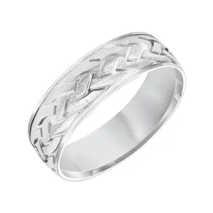 14k White Gold Satin Brush Finished Men’s Wedding Band with Engraved Celtic Knot Motif - 7mm