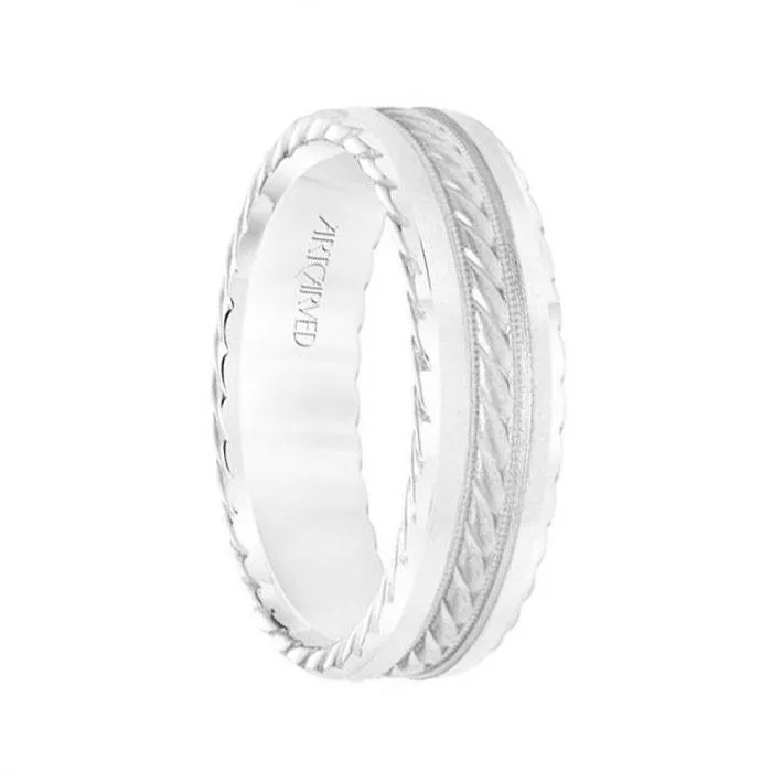 14k White Gold Wedding Band Domed Sandblasted Center Design with Milgrain Rope Edges- 7 mm