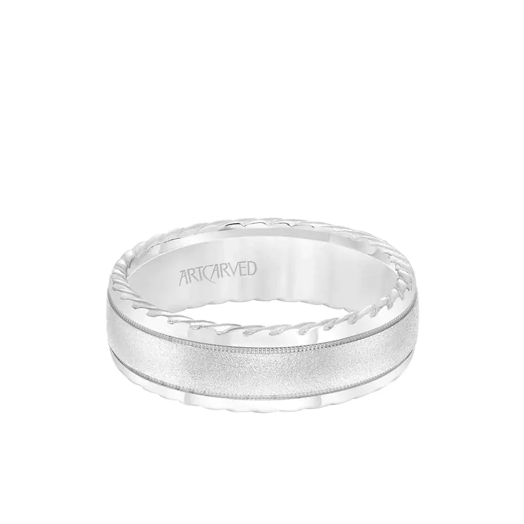 14k White Gold Wedding Band Domed Sandblasted Center Design with Milgrain Rope Edges- 7 mm