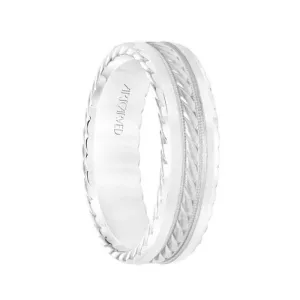 14k White Gold Wedding Band Domed Sandblasted Center Design with Milgrain Rope Edges- 7 mm