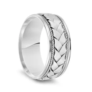 14k White Gold Woven Center Rope Milgrain Men’s Wedding Band with Polished Round Edges - 8.5mm