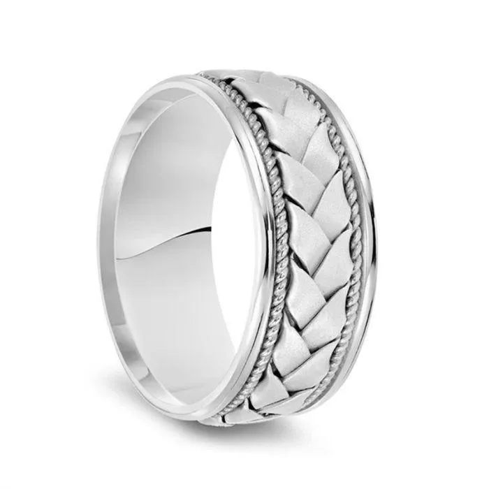 14k White Gold Woven Center Rope Milgrain Men’s Wedding Band with Polished Round Edges - 8.5mm