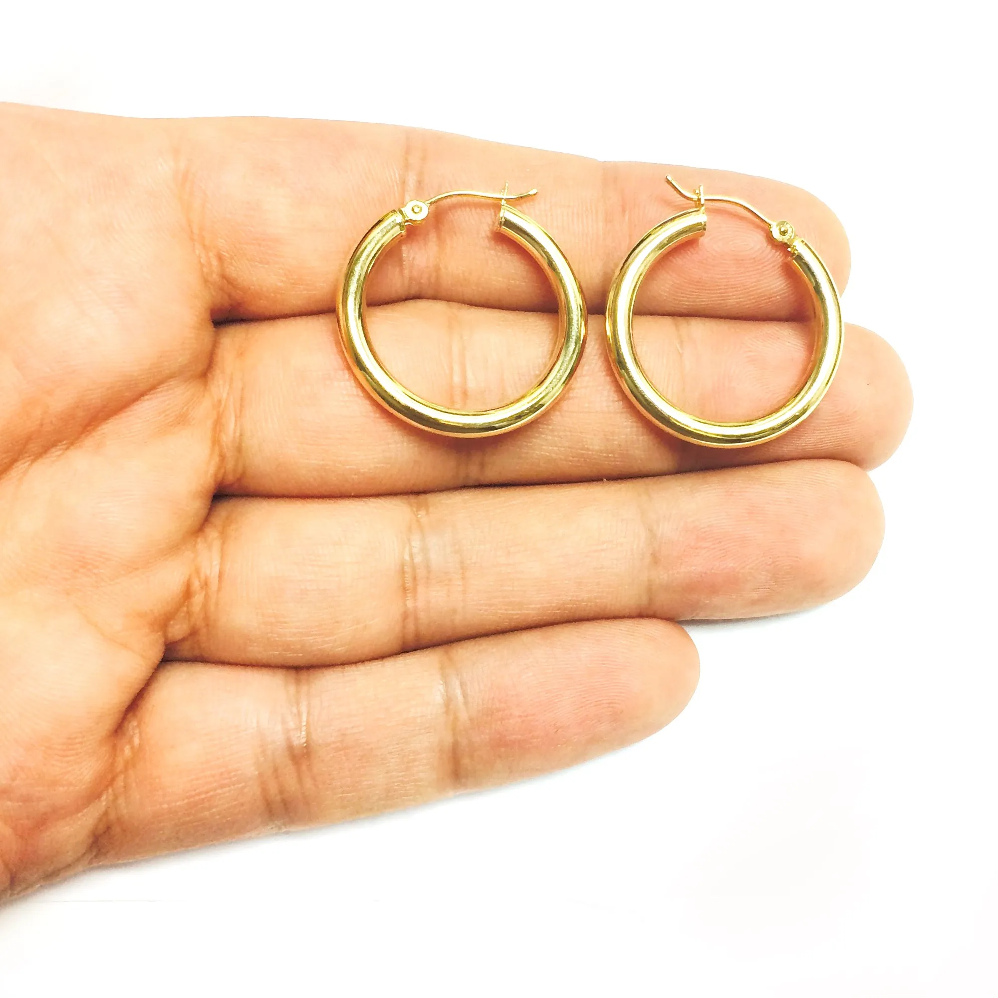 14K Yellow Gold 3MM Shiny Round Tube Hoop Earrings