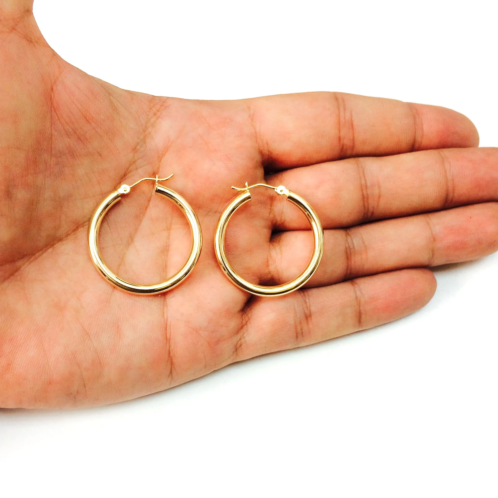 14K Yellow Gold 3MM Shiny Round Tube Hoop Earrings