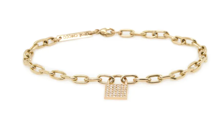 14KY Pave Diamond Padlock Medium Square Oval Link Bracelet