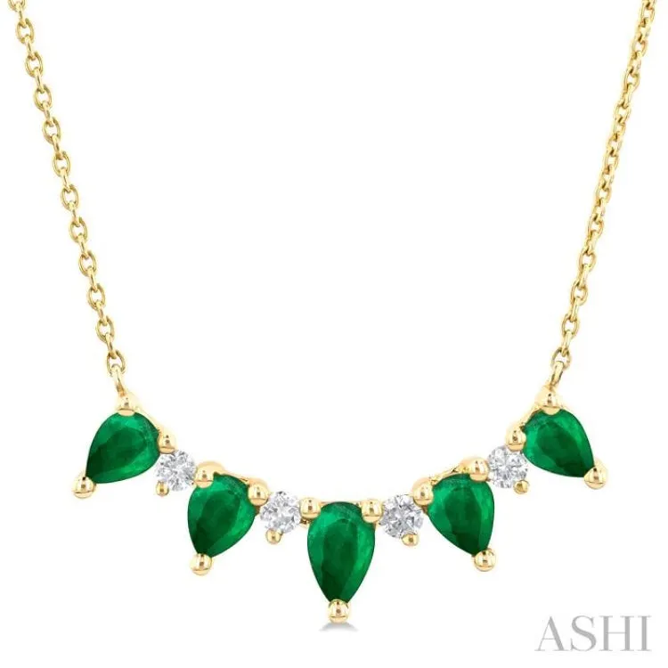 1/8 ctw Pear Cut 5X3 and 4X3MM Precious Emerald & Round Cut Diamond Necklace in 14K Yellow Gold