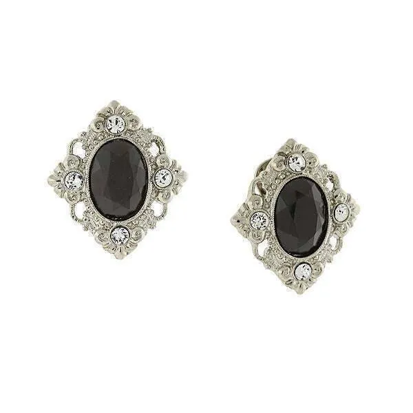 1928 Jewelry Black Stone Crystal Accent Clip On Earrings