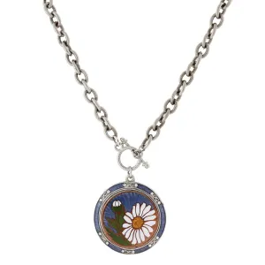 1928 Jewelry Blue And White Floral Enamel Medallion Toggle Pendant Necklace 20"