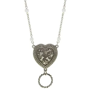 1928 Jewelry Pewter Faux Pearl Heart Paws And Bones Eye Glass Holder Pendant Necklace 28"