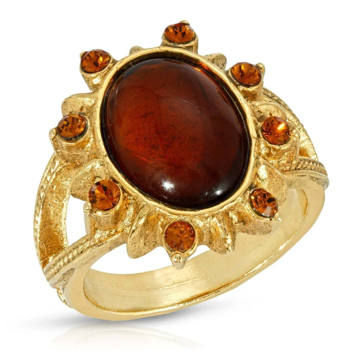 1928 Jewelry Sunburst Oval Smoke Topaz Glass Stone Crystal Ring