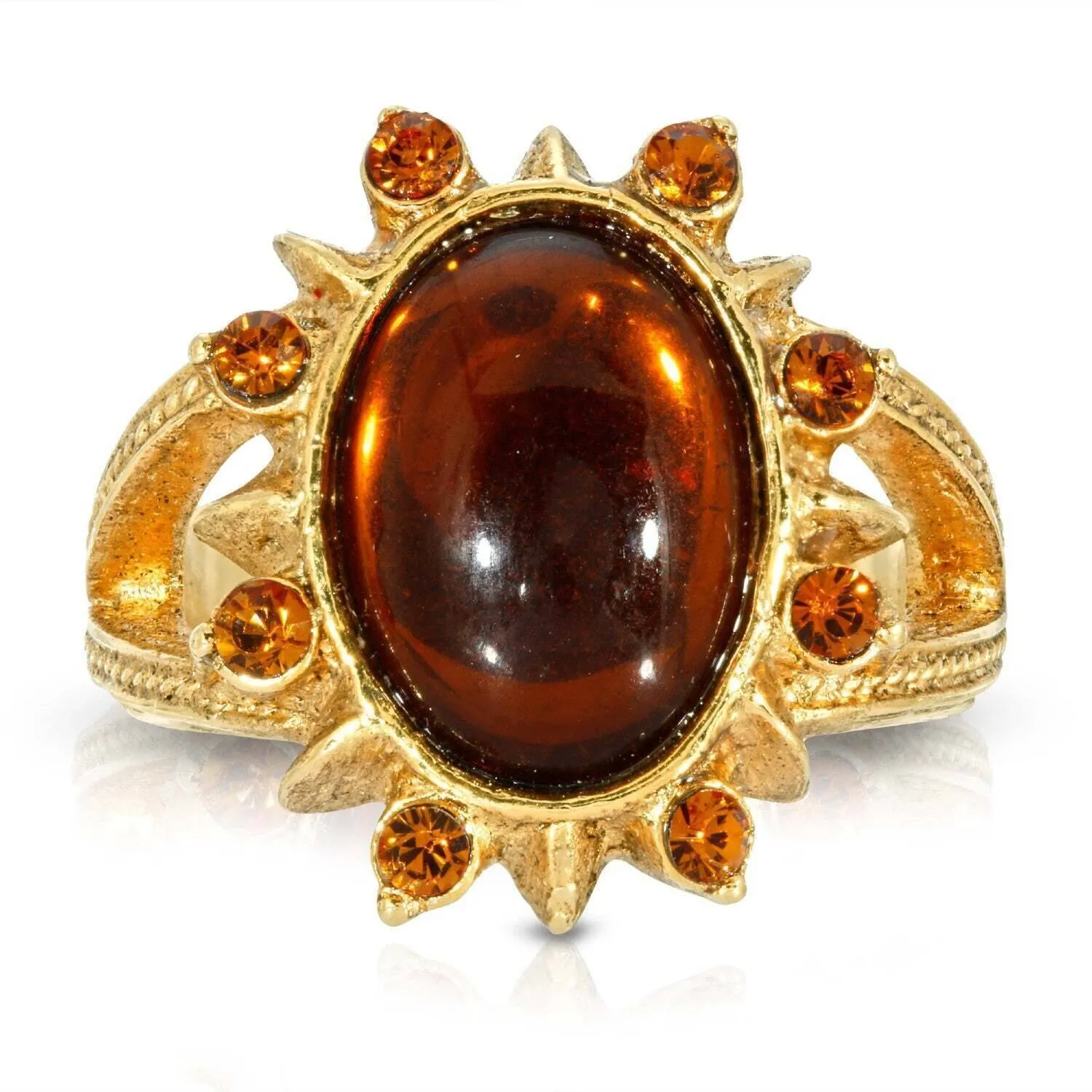 1928 Jewelry Sunburst Oval Smoke Topaz Glass Stone Crystal Ring