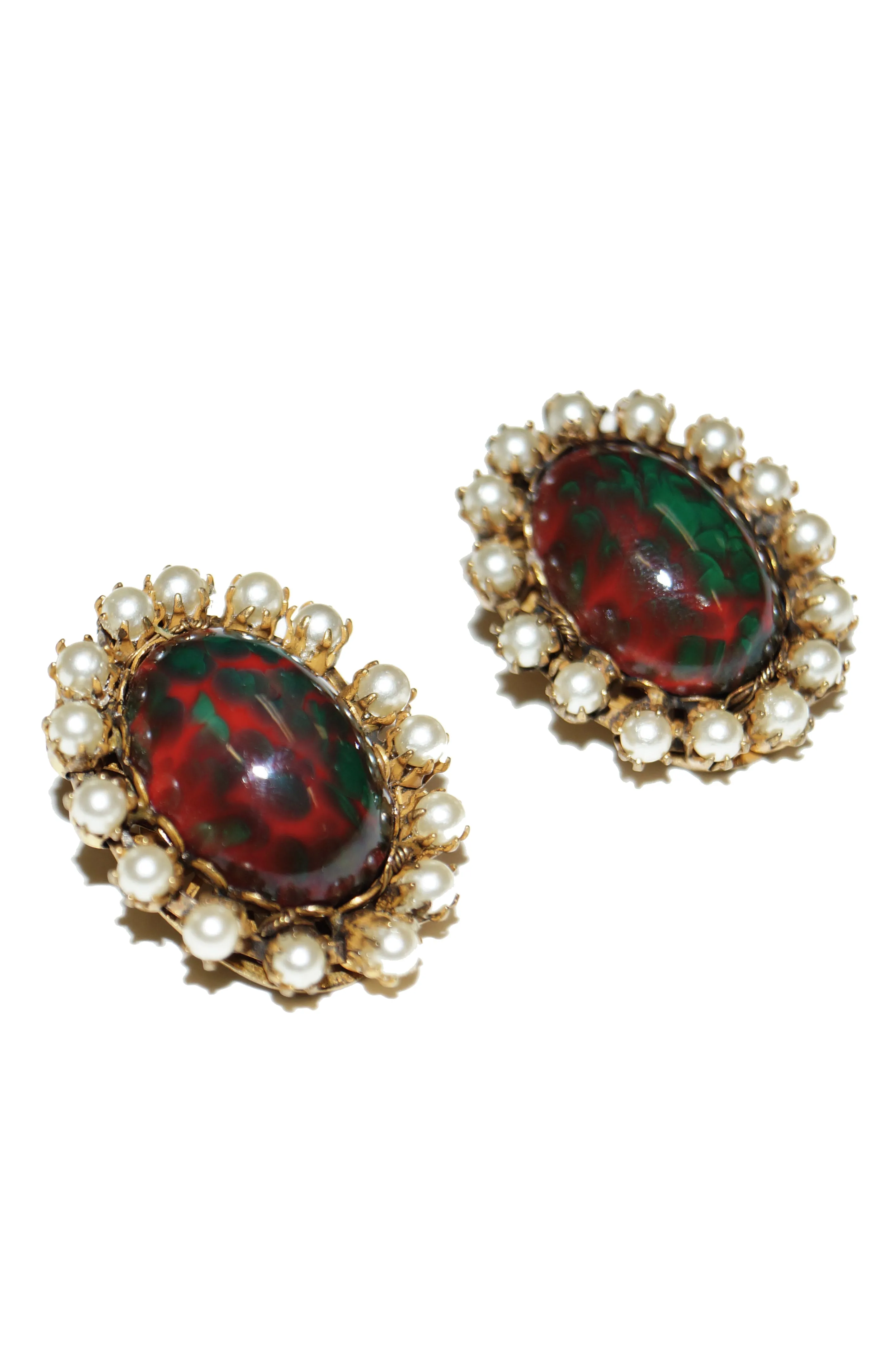 1950s Miriam Haskell Green & Red Poured Glass and Pearl Floral Demi Parure