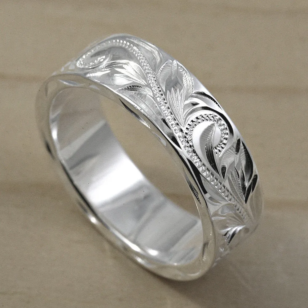 925 Sterling Silver Hawaiian Jewelry Ring - Hand Engraved with Old English Design - 6x2mm, Flat Shape, Standard Fitment