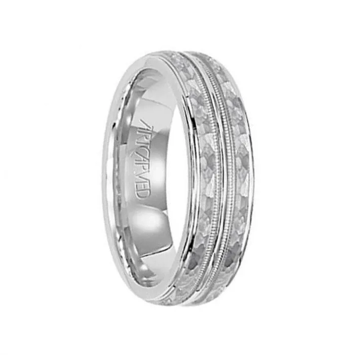 ABINGTON 14k White Gold Wedding Flat Band with Hammered Milgrain Finish Center by Artcarved - 6 mm