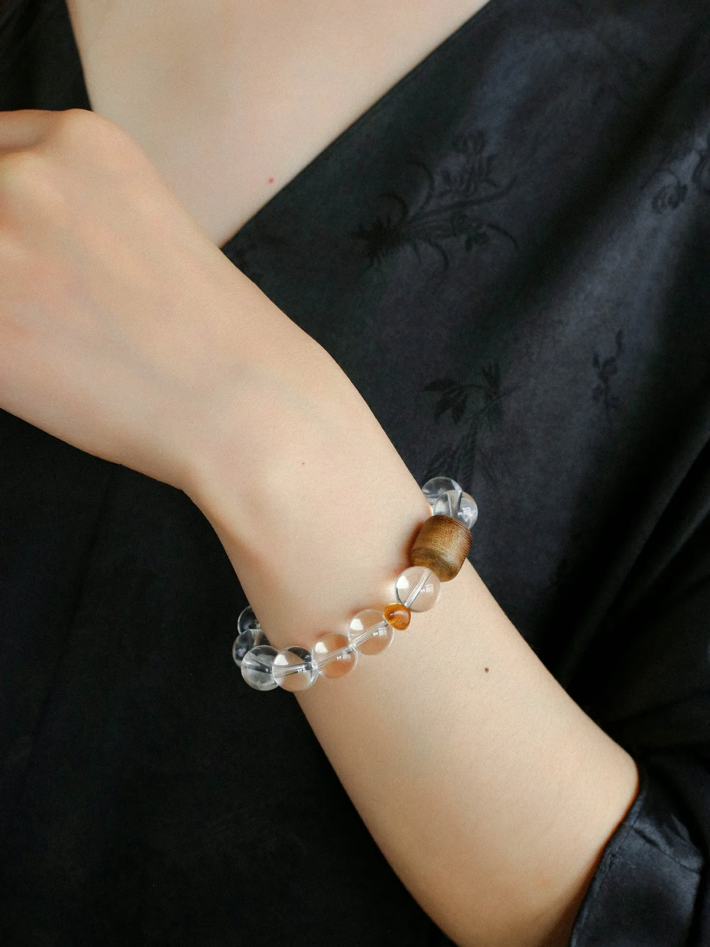 Agarwood Beads White Crystal Citrine Stretch Bracelet