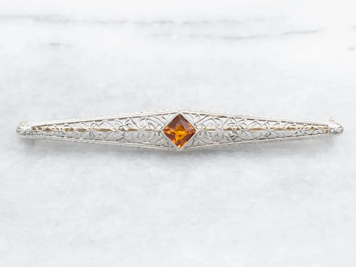 Antique Art Deco Citrine and Gold Filigree Bar Pin