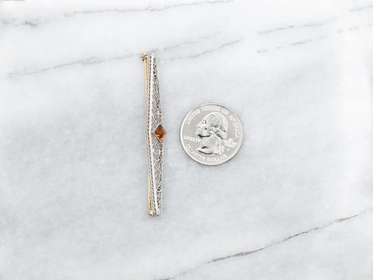 Antique Art Deco Citrine and Gold Filigree Bar Pin