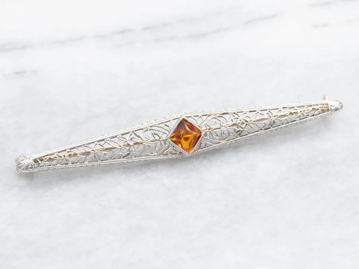 Antique Art Deco Citrine and Gold Filigree Bar Pin