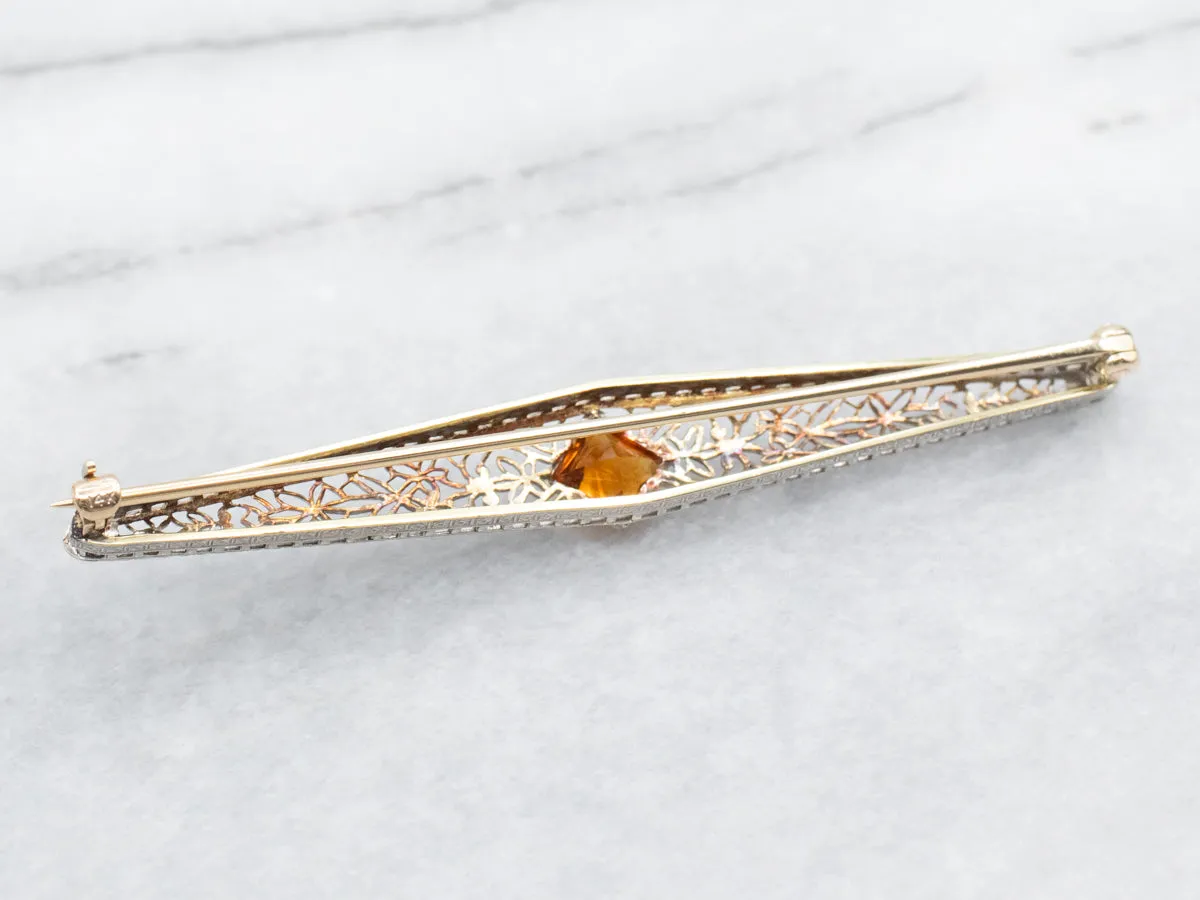 Antique Art Deco Citrine and Gold Filigree Bar Pin