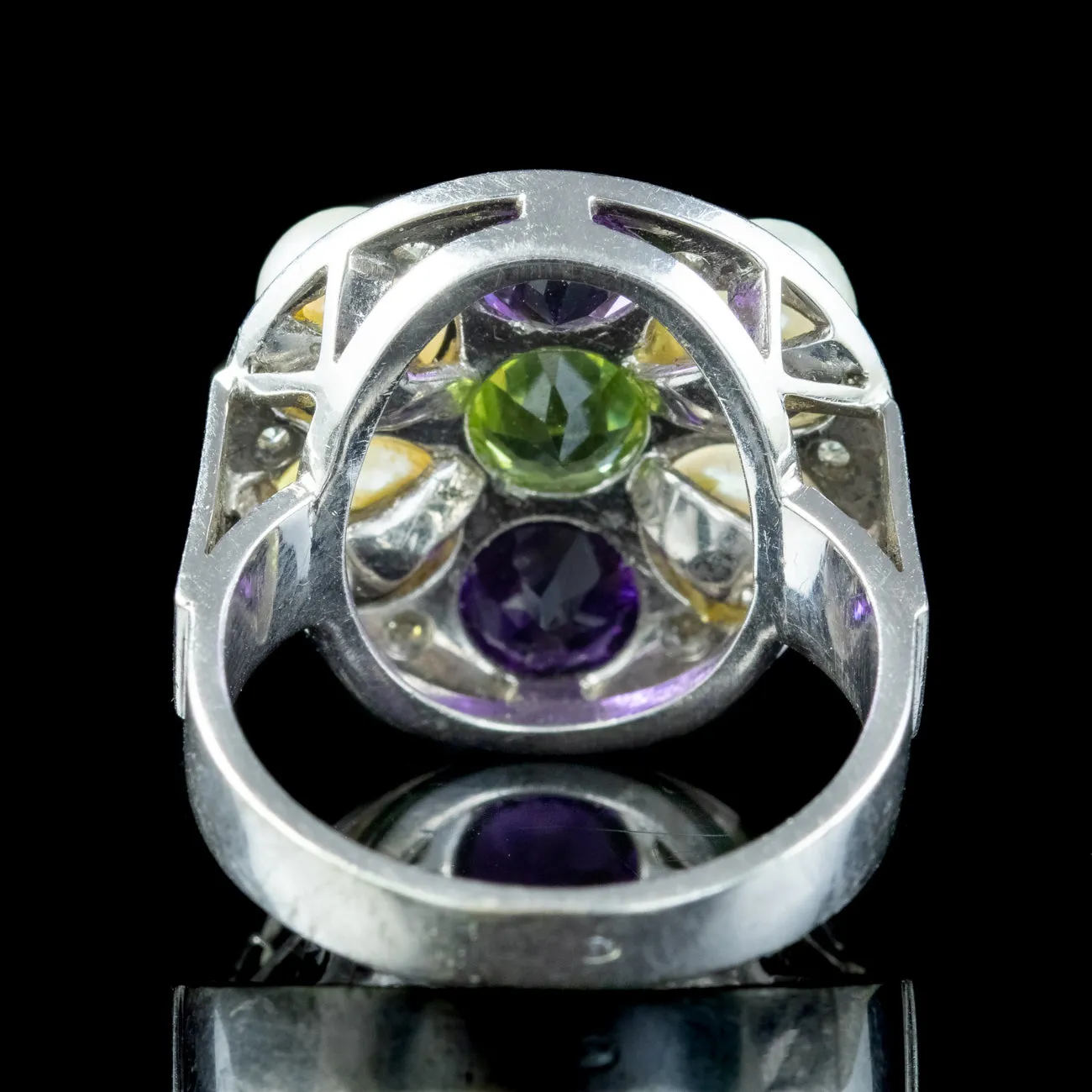 Antique Art Deco Suffragette Cocktail Ring Amethyst Peridot Diamond Pearl