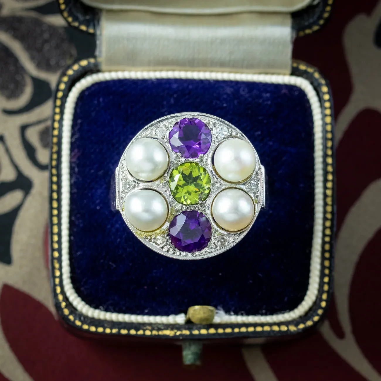 Antique Art Deco Suffragette Cocktail Ring Amethyst Peridot Diamond Pearl