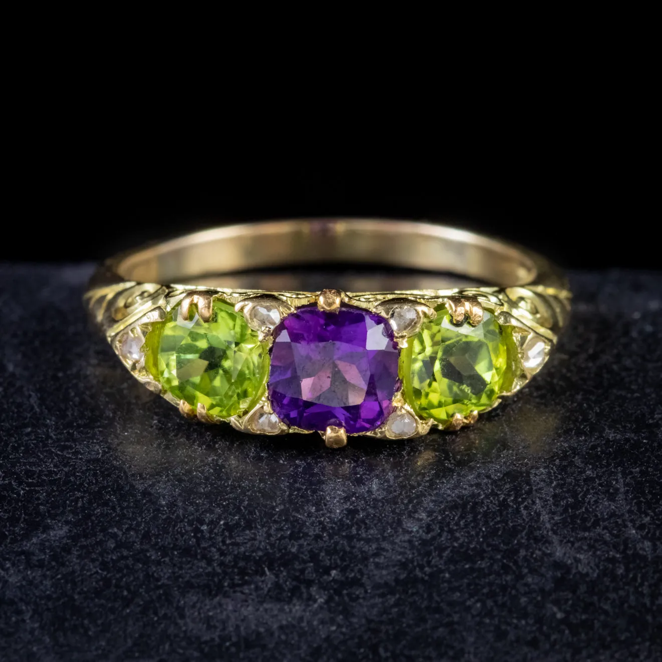 Antique Edwardian 18Ct Gold Suffragette Ring Peridot Amethyst Diamond Circa 1915