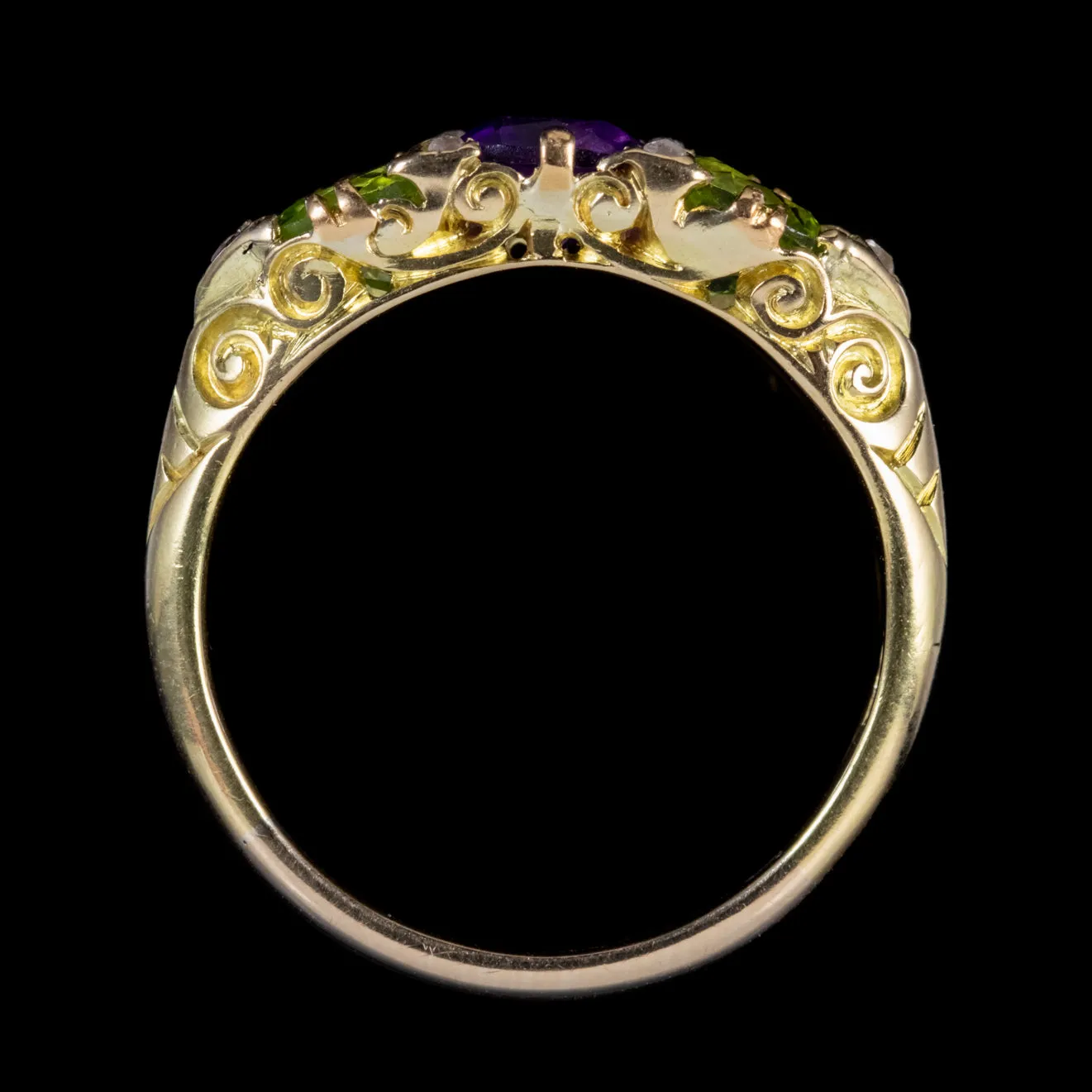 Antique Edwardian 18Ct Gold Suffragette Ring Peridot Amethyst Diamond Circa 1915