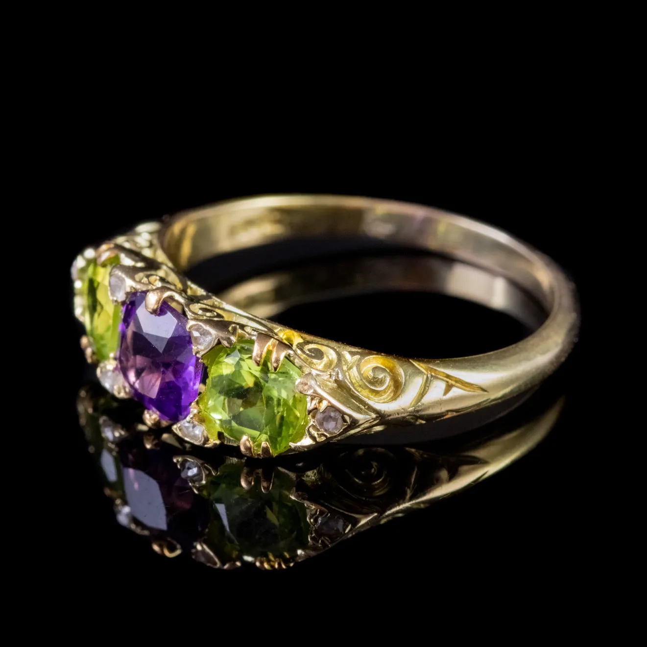 Antique Edwardian 18Ct Gold Suffragette Ring Peridot Amethyst Diamond Circa 1915