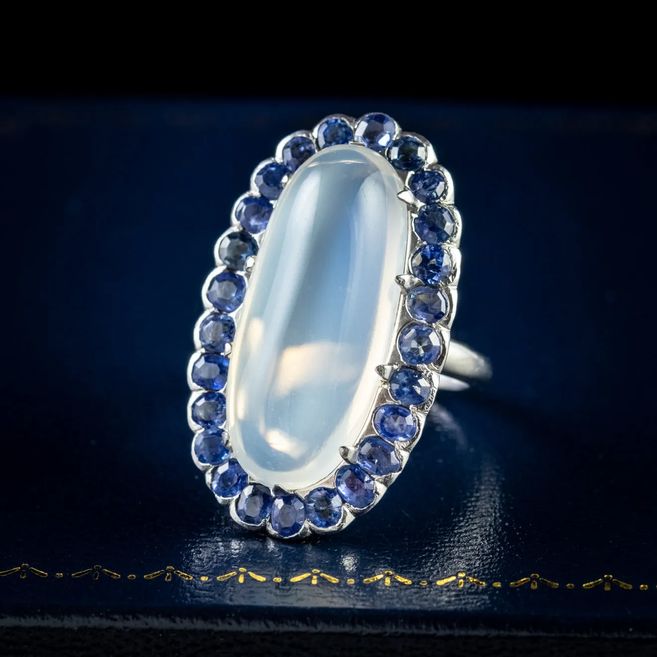 Antique Edwardian Moonstone Sapphire Ring 18Ct White Gold Silver Circa 1915