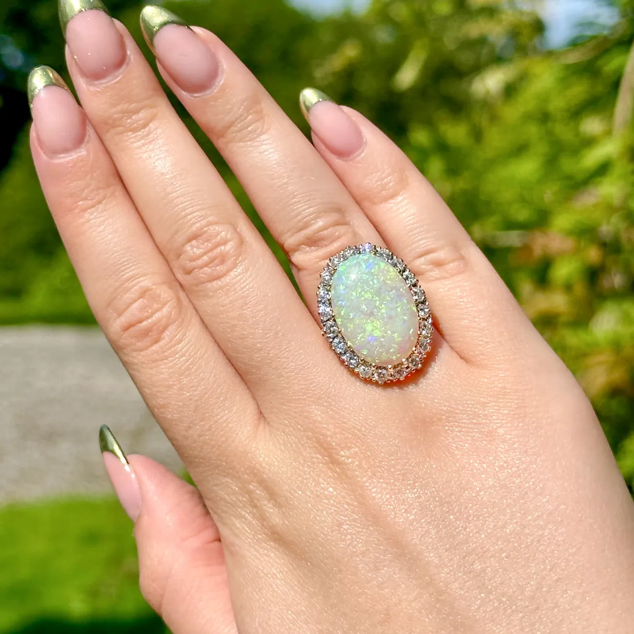 Antique Edwardian Opal Diamond Cluster Ring 20ct Opal